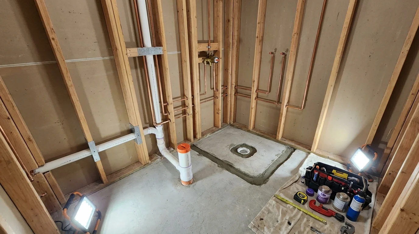 Bathroom rough-in plumbing during remodel by Johns Plumbing LLC in Montauk