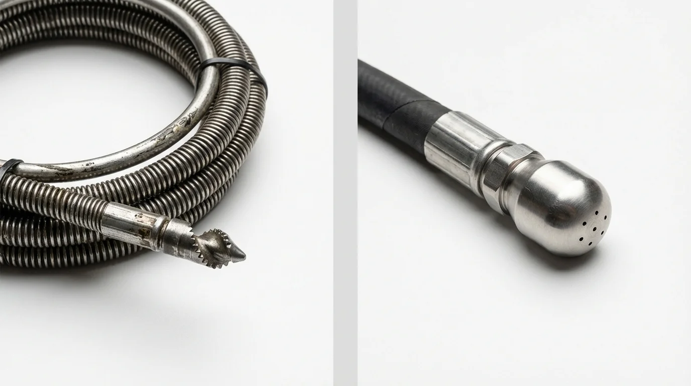 Drain snake cable and hydro jetting nozzle used for drain cleaning in Montauk, NY