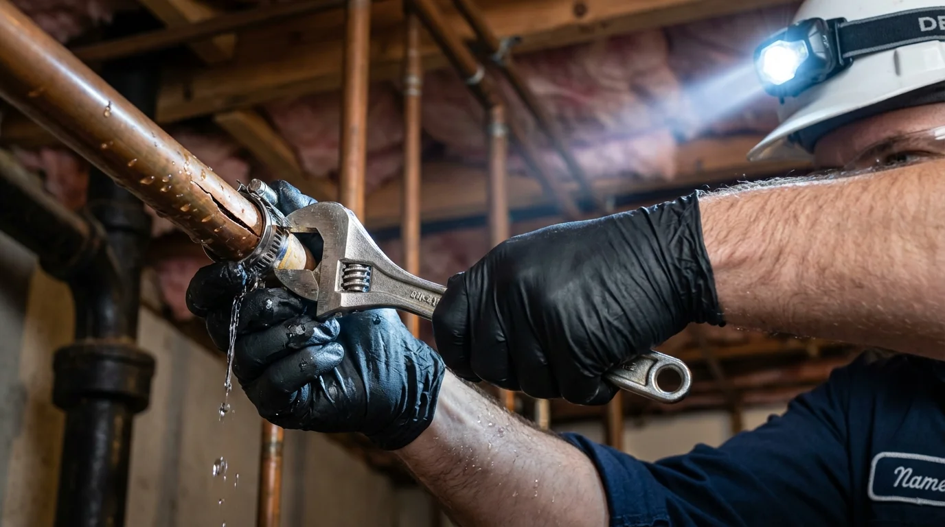 Emergency pipe clamp repair being performed by a Johns Plumbing LLC plumber in Montauk