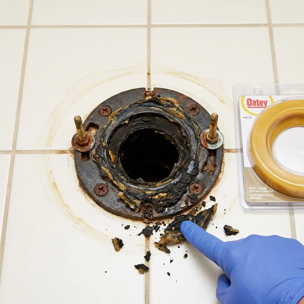 Failed wax ring showing water seepage at the base of a toilet in a Montauk, NY home