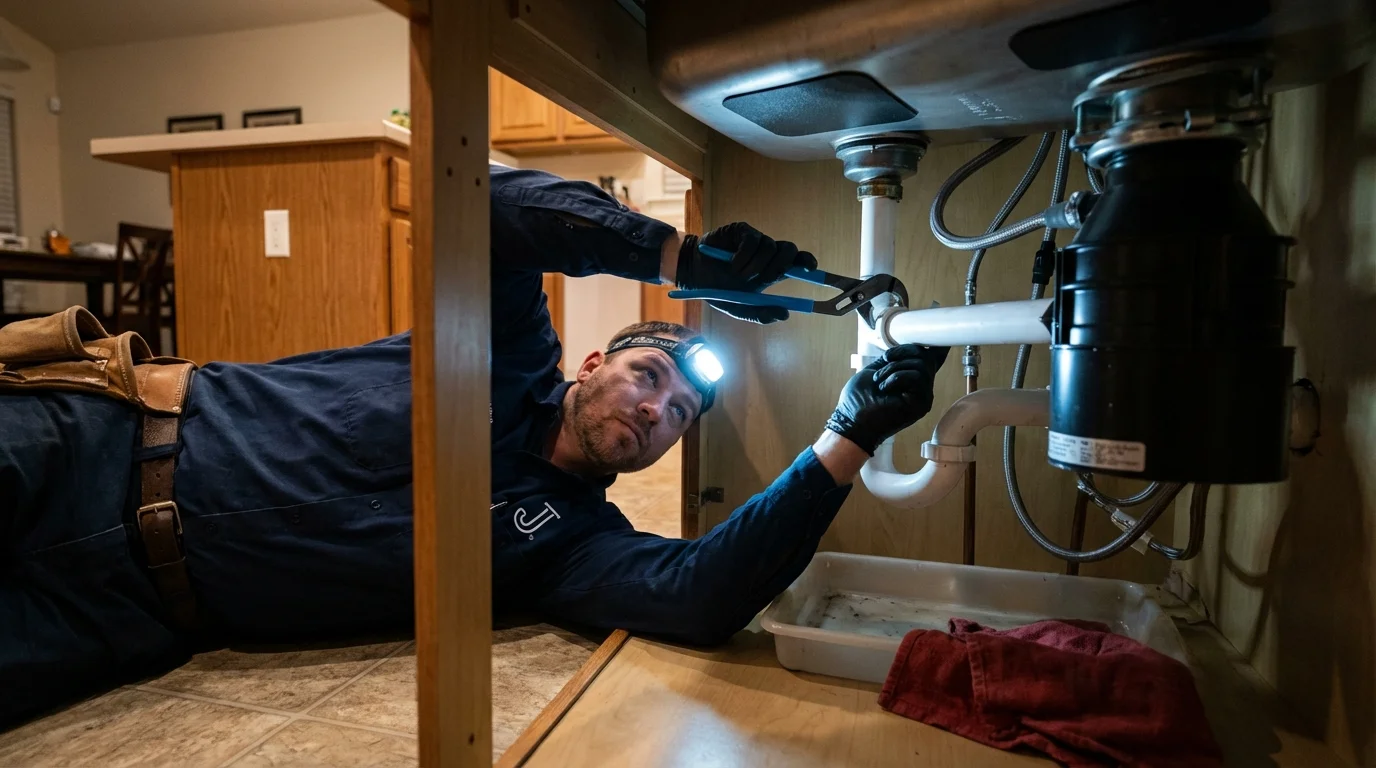 P-trap and supply line connections under a kitchen sink showing a common leak point in Montauk, NY